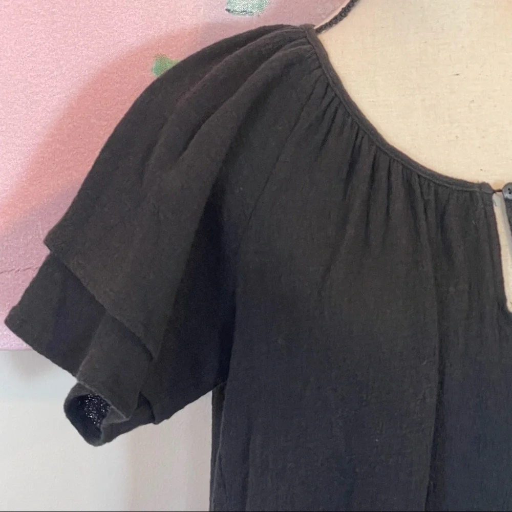 Madewell Womens Texture & Thread Tiered Sleeve Top Cotton in Black Sz M